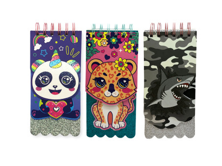 CADERNETA ESF. 80F.GLITER ANIMAIS 09X19