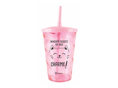 COPO PET CAT ROSA 480ML.C/TAMPA/CANUDO