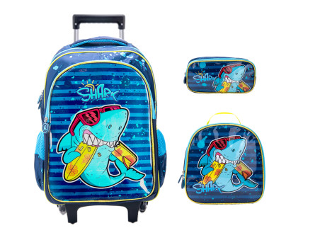 KIT MOCHILA CAR+LANCH+EST.SHARK 46CM.2D.